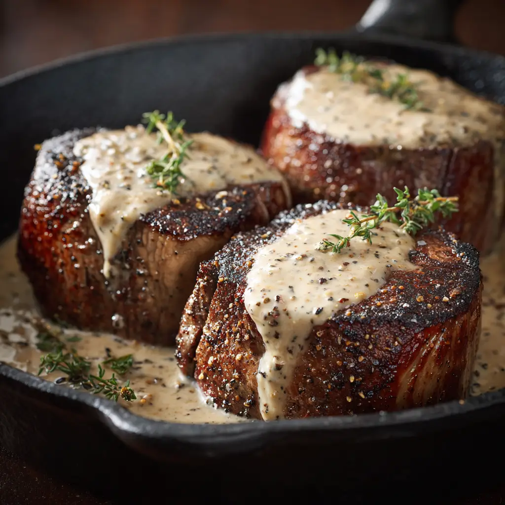 Filet Mignon with Peppercorn Sauce: A Steakhouse Classic at Home 1 A close-up of the creamy peppercorn sauce simmering in a skillet, filled with green peppercorns.