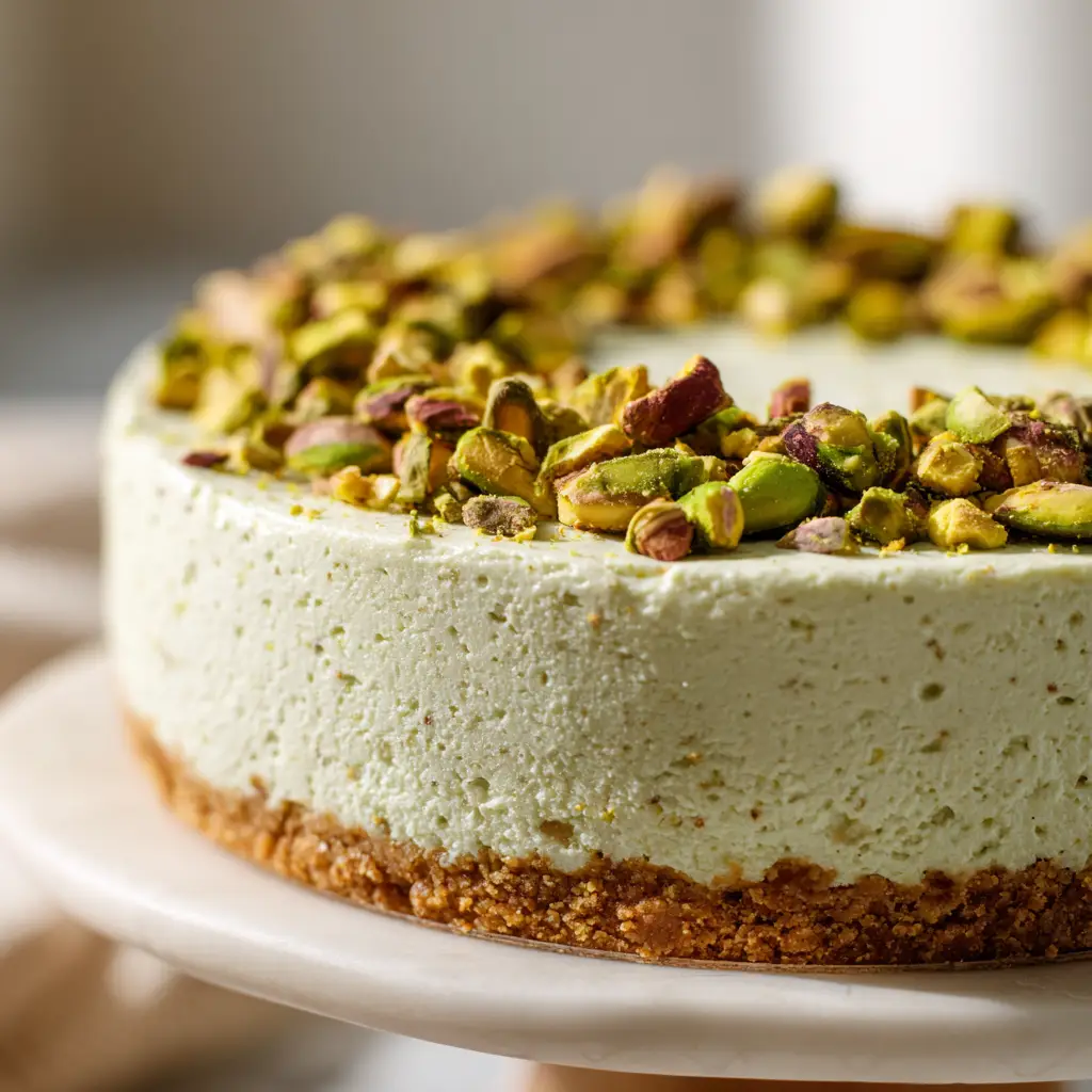 No-Bake Pistachio Cheesecake (Creamy & Easy Recipe) 1 A close-up view of the creamy pistachio cheesecake filling being smoothed into the graham cracker crust before chilling.