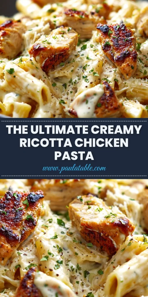 A beautiful bowl of Creamy Ricotta Chicken Pasta, garnished with fresh parsley and Parmesan cheese. The pasta is coated in a luscious, smooth white sauce with pieces of golden-brown chicken.