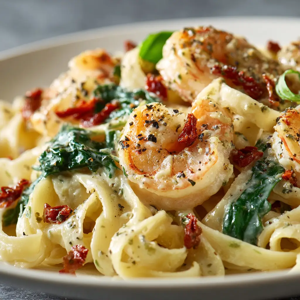 Marry Me Shrimp Pasta: The Irresistible Recipe You'll Adore 2 An extreme close-up of creamy shrimp fettuccine. A fork is twirled in the pasta, showing the rich texture of the sun-dried tomato sauce and a perfectly cooked shrimp.