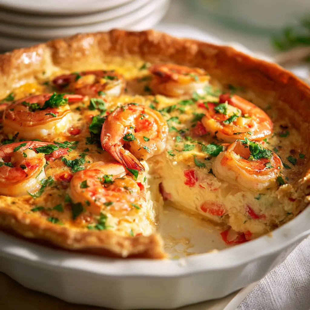 A close-up shot of the creamy shrimp pie filling being poured into the pie crust before baking, showing chunks of shrimp and cheese.