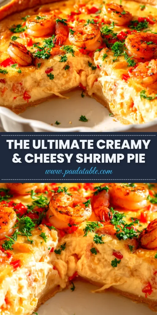A delicious slice of creamy shrimp pie recipe on a white plate, showing the rich filling and flaky crust. The perfect savory seafood pie for dinner.