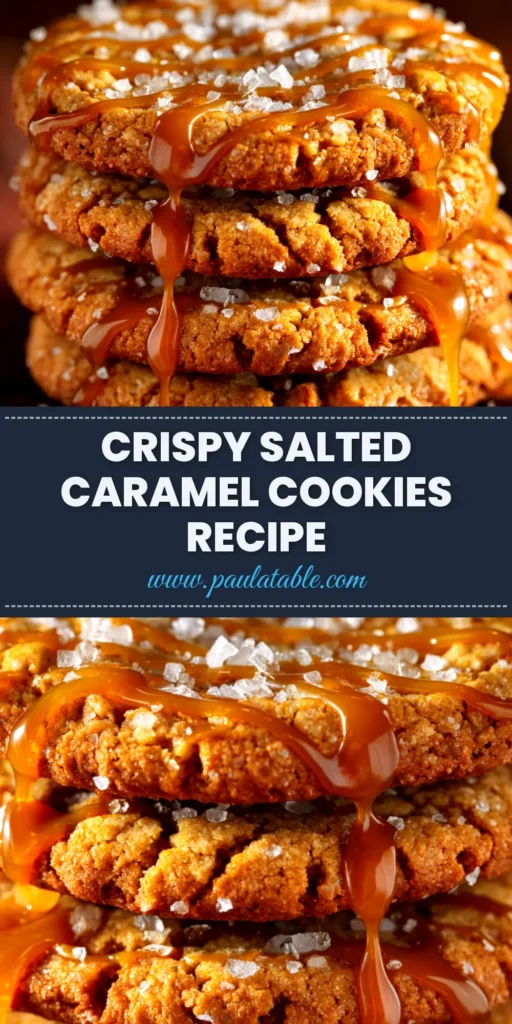 Crispy Salted Caramel Cookies: The Ultimate Guide 4 A stack of crispy salted caramel cookies on a plate, with one cookie broken in half to show the thin, crunchy texture. Flaky sea salt is sprinkled on top.
