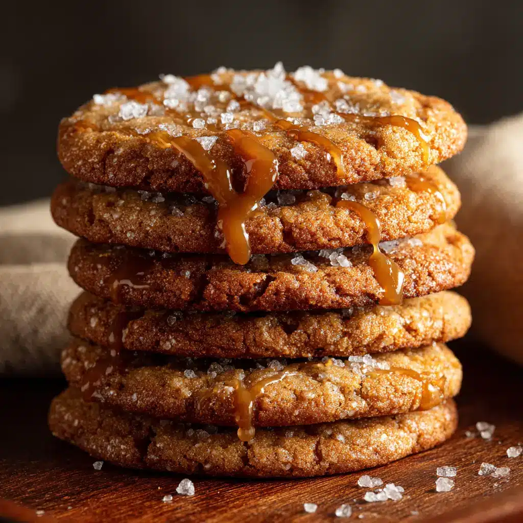 Crispy Salted Caramel Cookies: The Ultimate Guide 2 A tall stack of homemade crispy salted caramel cookies, showcasing their golden-brown edges and thin profile. The cookies are on a rustic wooden board.
