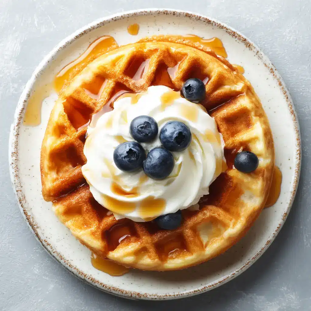 An overhead close-up shot of a perfectly golden sourdough discard waffle, showing the deep pockets and crispy texture.