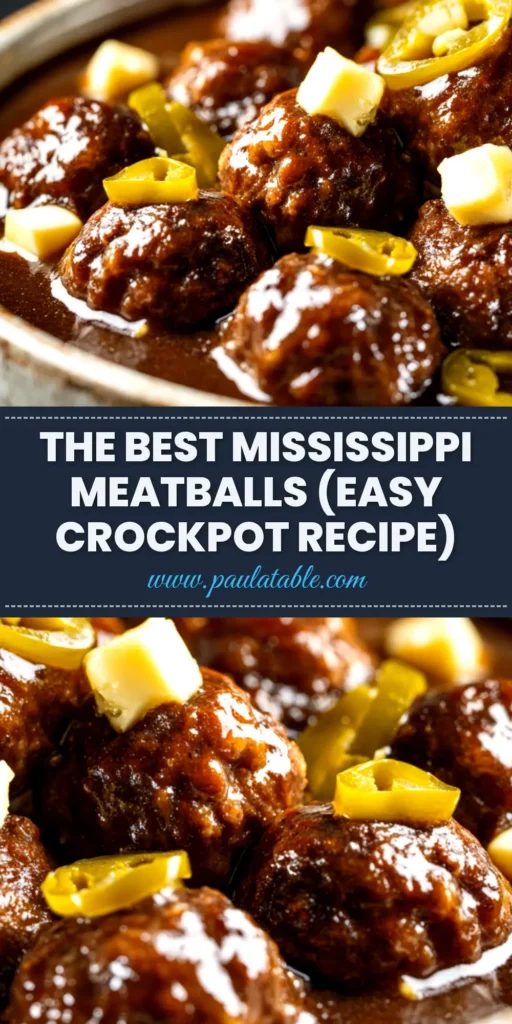 A top-down view of Crockpot Mississippi Meatballs in a slow cooker, showing the rich gravy and pepperoncini peppers. The perfect easy appetizer recipe.