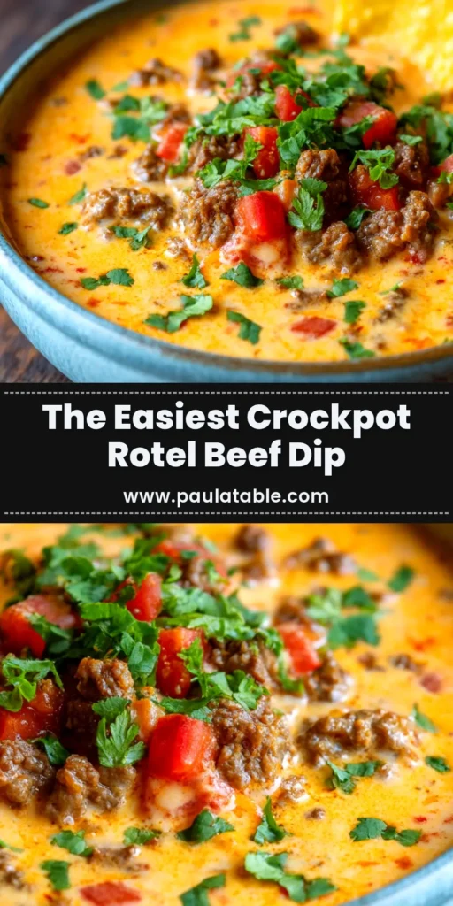 A shareable pin image showing a bowl of creamy Crockpot Rotel Dip with text overlay for Pinterest.