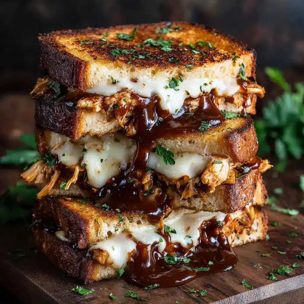 A freshly cooked BBQ chicken grilled cheese sandwich resting on a wooden board, ready to be served.