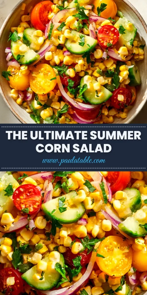 An overhead shot of a fresh corn salad recipe in a white serving bowl, garnished with cilantro and lime wedges. This easy summer side dish is perfect for any BBQ or potluck.