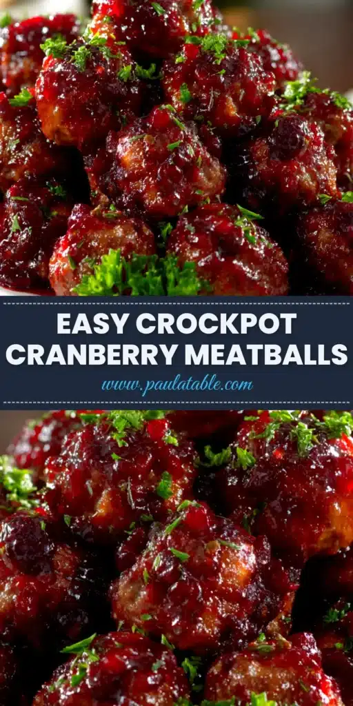 A top-down view of easy cranberry meatballs in a white serving dish, garnished with fresh parsley. The perfect holiday appetizer.