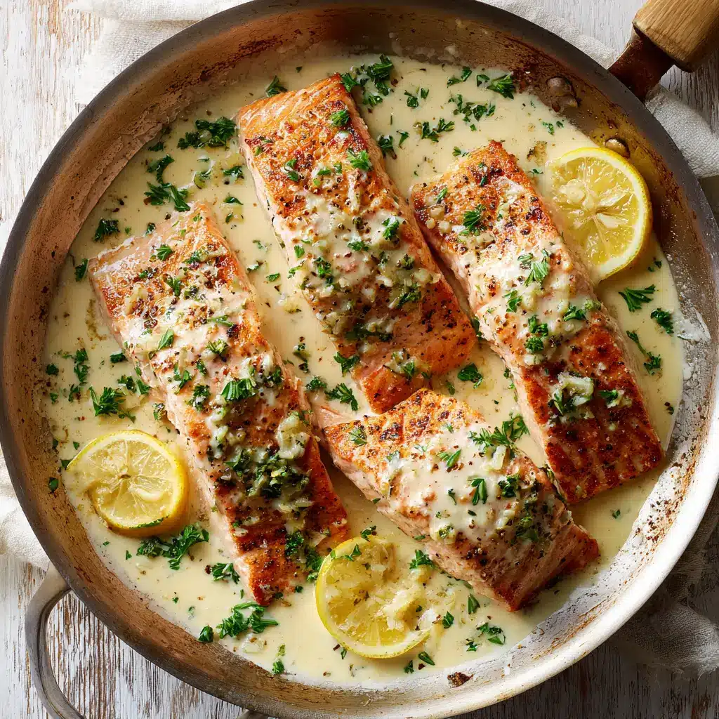 Creamy Garlic Salmon (Ready in 20 Minutes!) 1 A finished dish of creamy garlic salmon served in a skillet, garnished with fresh parsley and a lemon wedge on the side.
