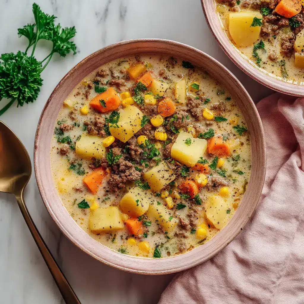A spoonful of creamy ground beef and potato soup, highlighting the tender potatoes, savory beef, and rich broth.