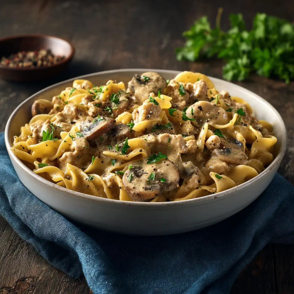 Ground Turkey Stroganoff (The Ultimate Creamy Recipe!) 1 A wide shot of a skillet filled with easy one-pan ground turkey stroganoff, ready to be served over noodles.