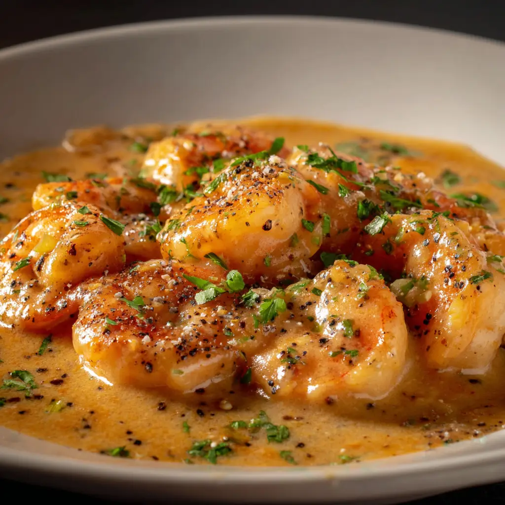 A serving of Shrimp Newburg in a classic white dish, ready to be eaten. The vibrant color from the paprika is visible in the sauce, and fresh parsley is sprinkled on top for a pop of color.