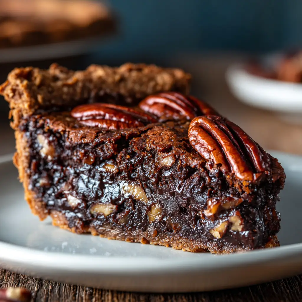 Brownie Pecan Pie: The Ultimate Fudgy Chocolate Recipe 1 A fork cutting into a slice of Brownie Pecan Pie, revealing the gooey and rich interior of this decadent dessert.