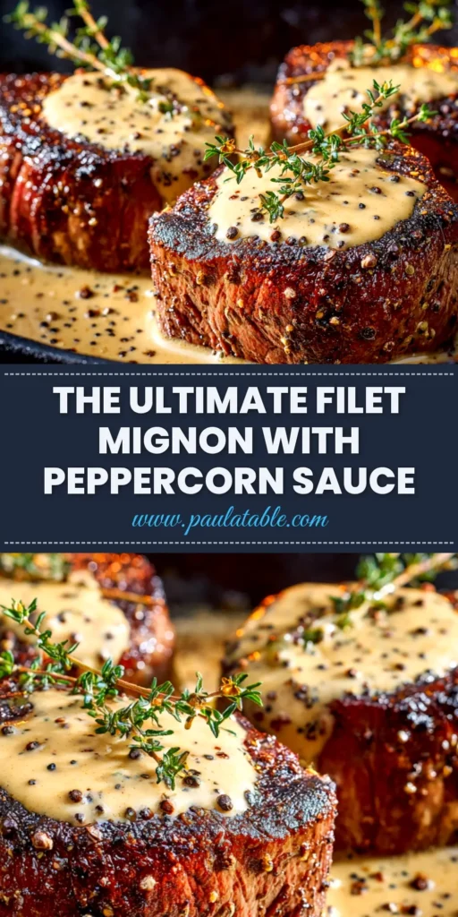 Filet Mignon with Peppercorn Sauce: A Steakhouse Classic at Home 3 A perfectly cooked filet mignon with peppercorn sauce, sliced to show a medium-rare interior, served on a white plate with fresh herbs.