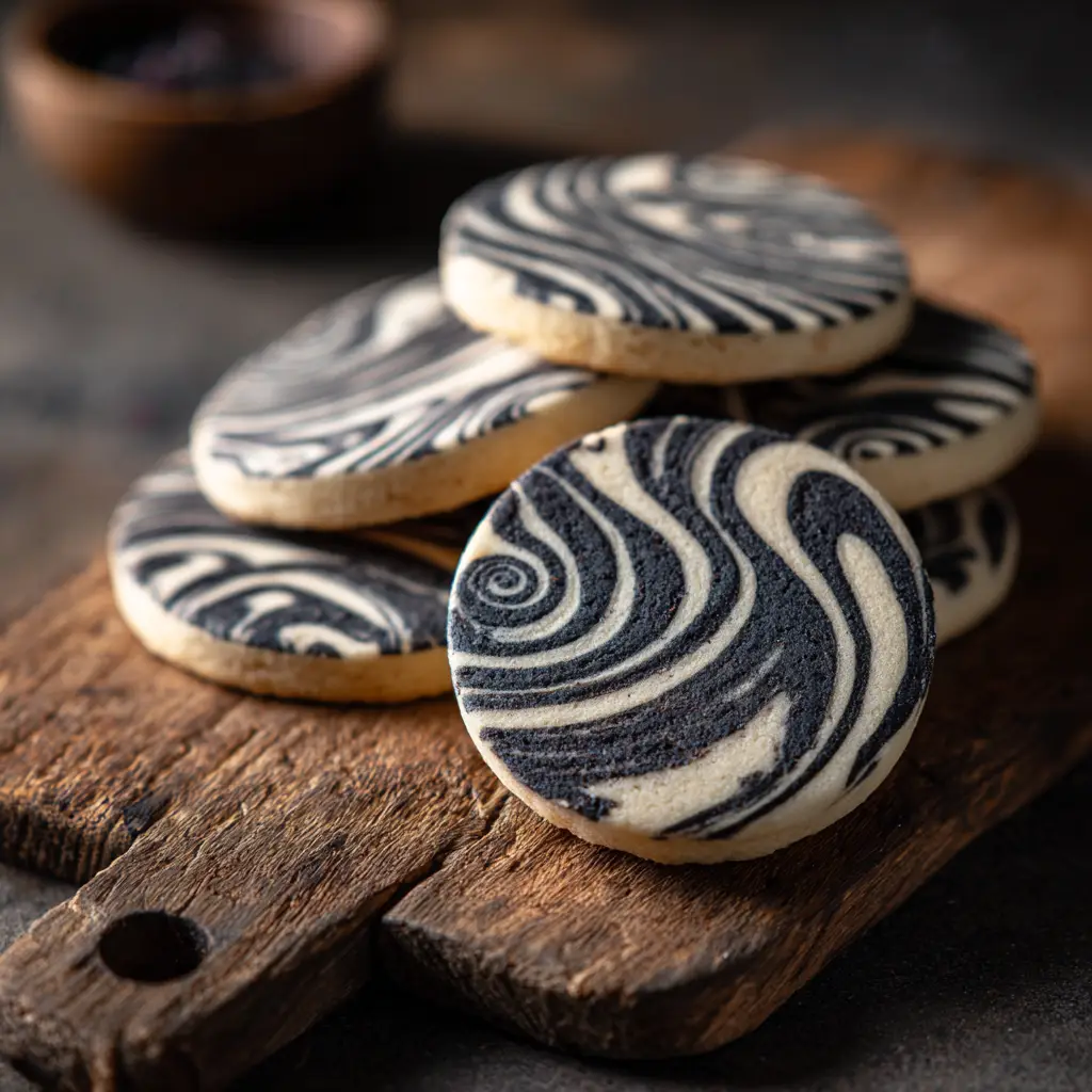 Zebra Cookies Recipe (That's Actually Easy!) 2 An extreme close-up shot of a perfectly baked zebra cookie, showcasing the distinct black and white stripes and crisp texture.