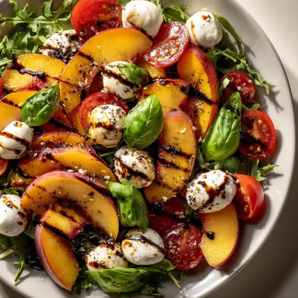 An overhead close-up shot of a fresh Peach Burrata Salad on a platter, highlighting the creamy burrata and juicy peaches.