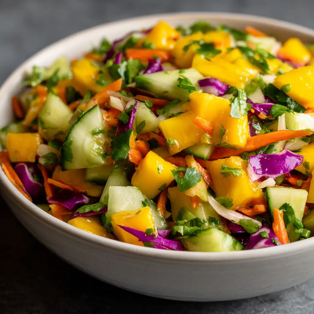 Tropical Cucumber Mango Slaw: A Refreshing Escape 2 A close-up view of the fresh mango slaw, highlighting the crisp texture of the julienned cucumber and sweet mango pieces.