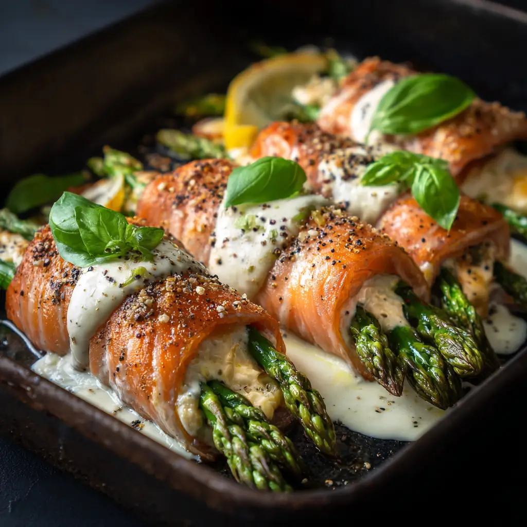 Stuffed Salmon Rolls (Easy & Elegant Recipe) 1 A pan of stuffed salmon rolls fresh out of the oven, showing the golden-brown top and bubbling cheesy spinach filling.