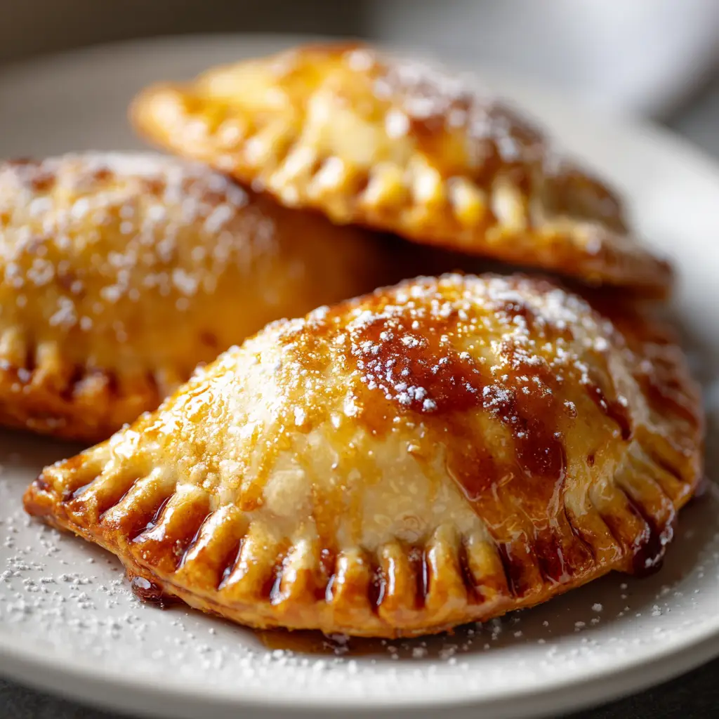 A fried peach pie broken in half, revealing the warm, gooey, spiced peach filling inside, ready to be eaten.