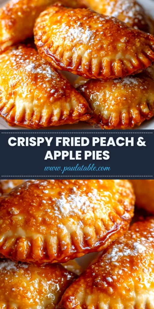 A stack of golden brown fried peach pies drizzled with a white sugar glaze on a rustic wooden board. The ultimate southern dessert recipe.