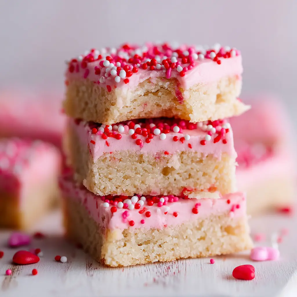 The process of spreading creamy pink vanilla buttercream frosting over the cooled sugar cookie bars in a baking pan.