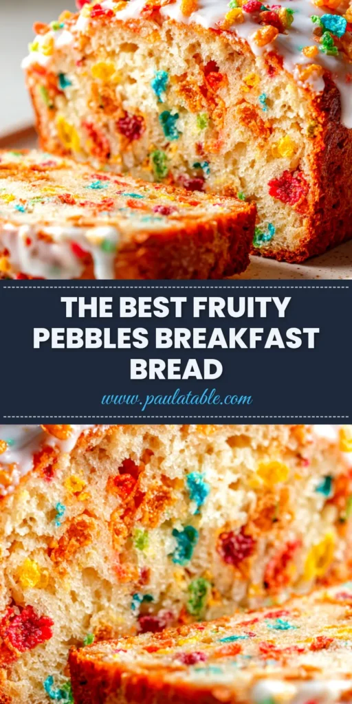 A colorful slice of Fruity Pebbles Bread with a vanilla glaze, showcasing the vibrant cereal pieces inside. The loaf sits on a white plate, ready to be eaten.