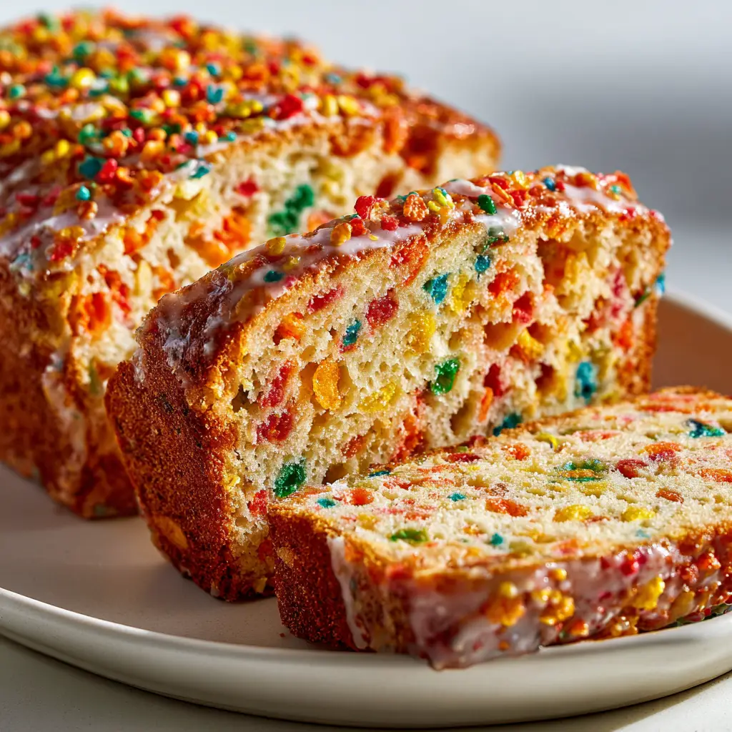 A beautiful shot of a freshly baked loaf of Fruity Pebbles quick bread topped with extra cereal for a crunchy topping.