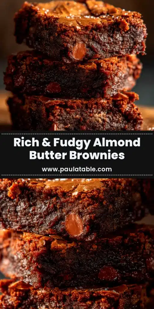 Almond Butter Brownies (The Best Fudgy, Flourless Recipe!) 3 A stack of fudgy, flourless almond butter brownies on a plate with chocolate chips scattered around. The perfect healthy brownie recipe.