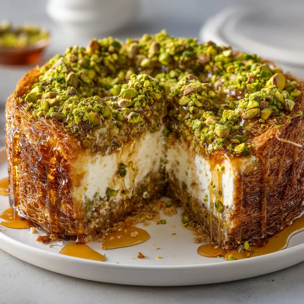 The full baklava cheesecake just after being drizzled with honey syrup, glistening in a 9-inch springform pan.