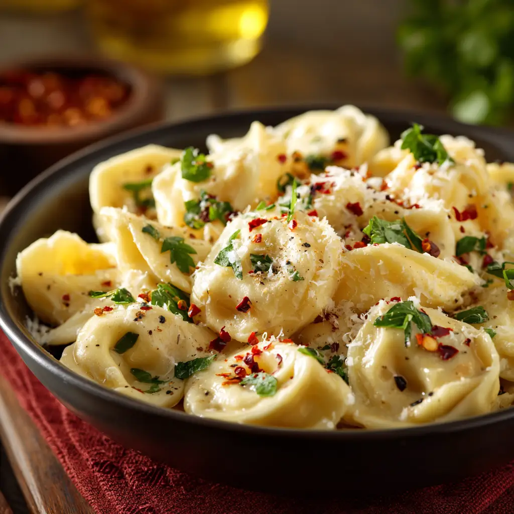 A fork lifting a piece of garlic butter tortellini from a bowl, showing the creamy texture of the parmesan sauce.