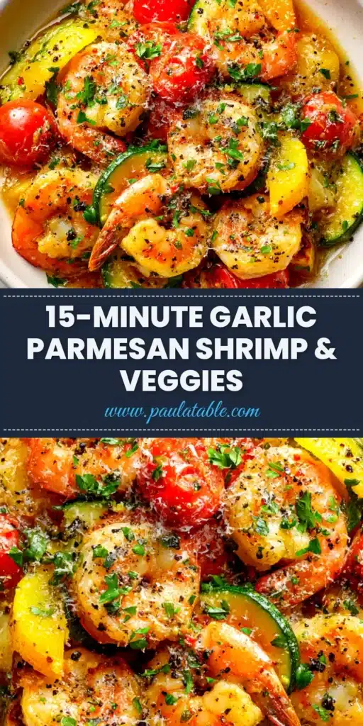 A top-down shot of a skillet filled with delicious Garlic Parmesan Shrimp, garnished with fresh parsley and lemon wedges, ready to be served.