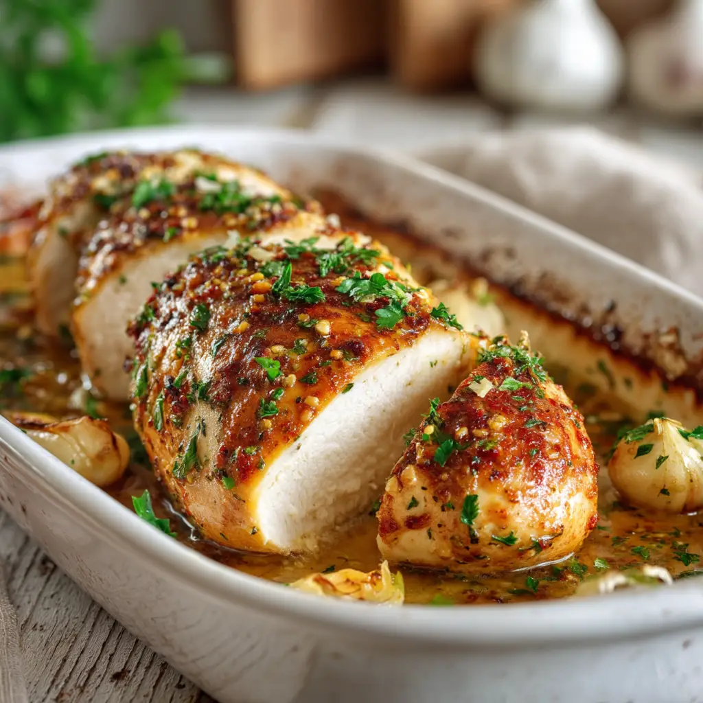 Baked Boneless Chicken Breast (Perfectly Juicy Every Time!) 1 Golden-brown baked boneless chicken breasts fresh out of the oven in a baking dish.