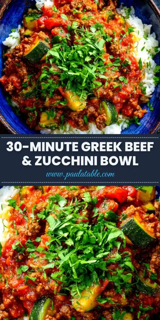 An overhead shot of a Greek Beef and Zucchini Rice Bowl, featuring seasoned ground beef, zucchini, fresh tomatoes, and a dollop of tzatziki sauce on a bed of rice.