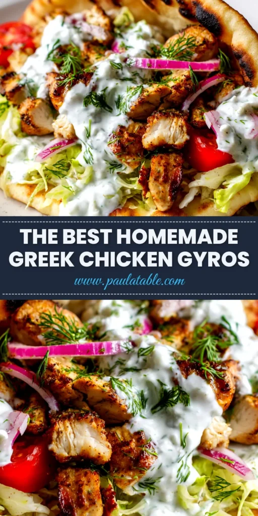An amazing Greek Chicken Gyros Recipe loaded with tender marinated chicken, fresh tomatoes, red onion, and creamy tzatziki sauce wrapped in a soft pita.