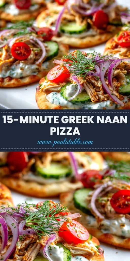 A delicious and easy Greek Naan Pizza topped with chicken, feta, tomatoes, and olives, with one slice being lifted from the whole pizza.
