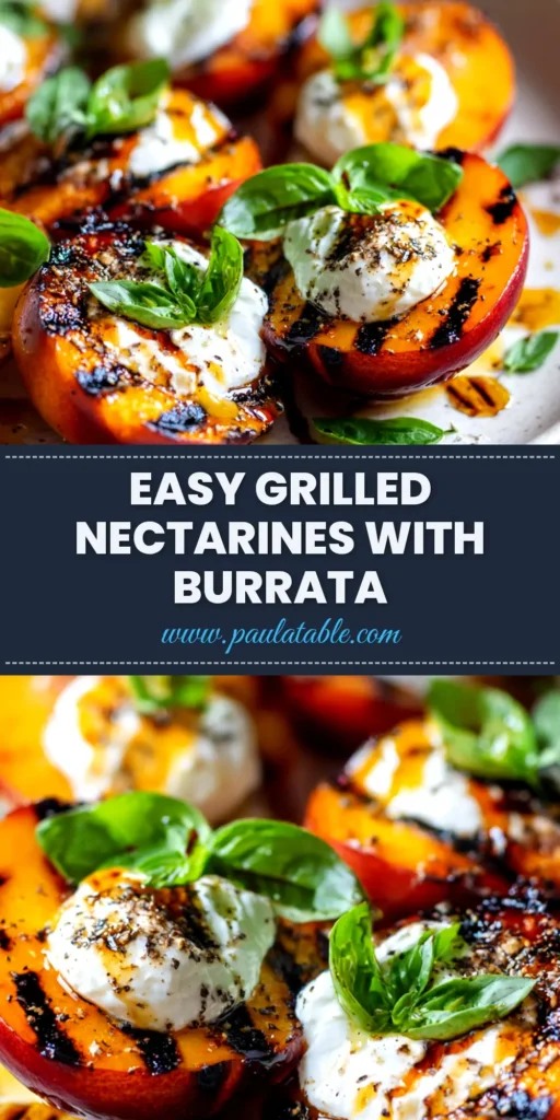 A beautiful platter of grilled nectarines with burrata cheese, drizzled with honey and garnished with fresh basil. The perfect summer appetizer or dessert.