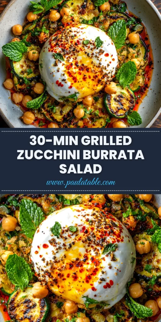 Grilled Zucchini Chickpea Salad (The Perfect Summer Side) 4 A vibrant Grilled Zucchini Chickpea Salad in a white serving bowl, garnished with fresh mint. The perfect healthy summer side dish recipe.