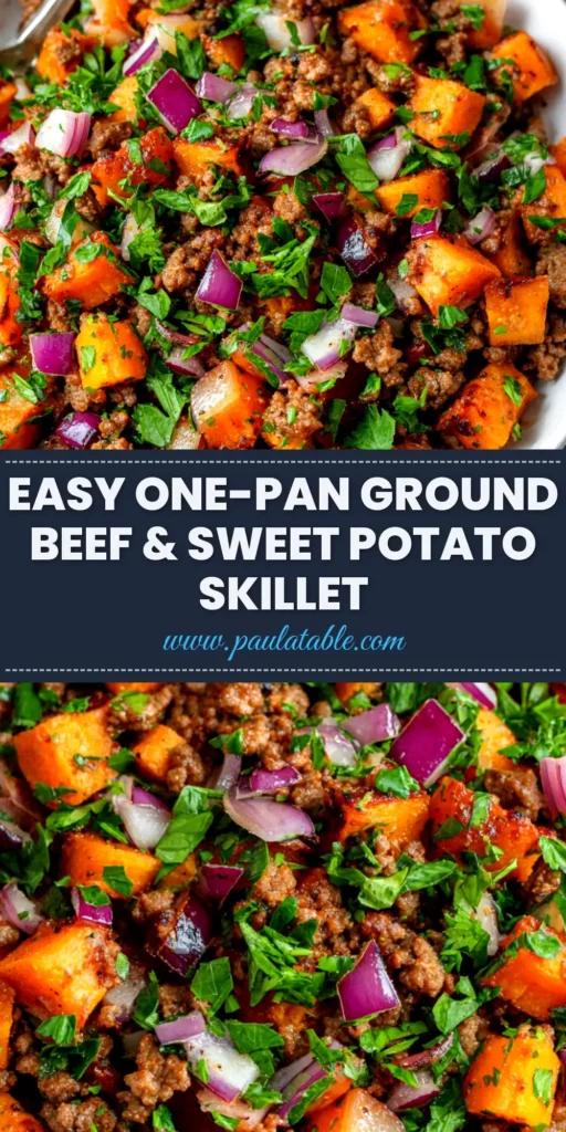 A savory Ground Beef and Sweet Potato Skillet in a cast-iron pan, garnished with fresh cilantro. This one-pan meal is perfect for a quick and healthy weeknight dinner.
