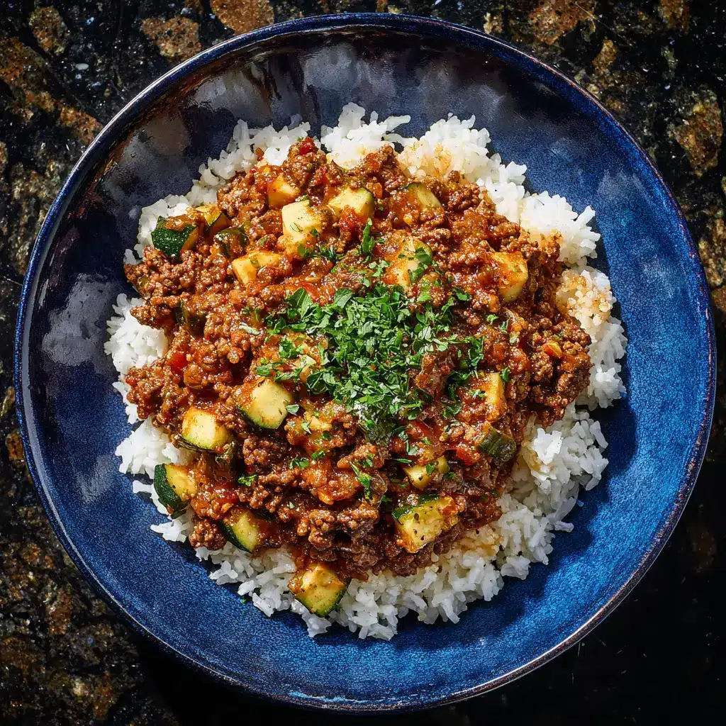 The ground beef and zucchini cooking in a skillet, showcasing a key step in this easy weeknight dinner recipe.
