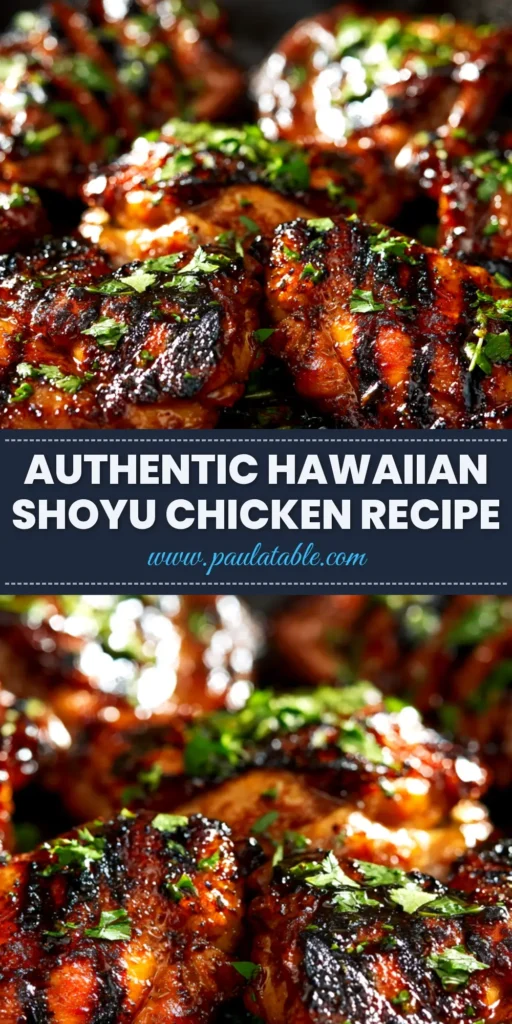 A top-down view of a plate with the Hawaiian Shoyu Chicken recipe, served over rice and garnished with green onions. The chicken has a rich, glossy glaze.