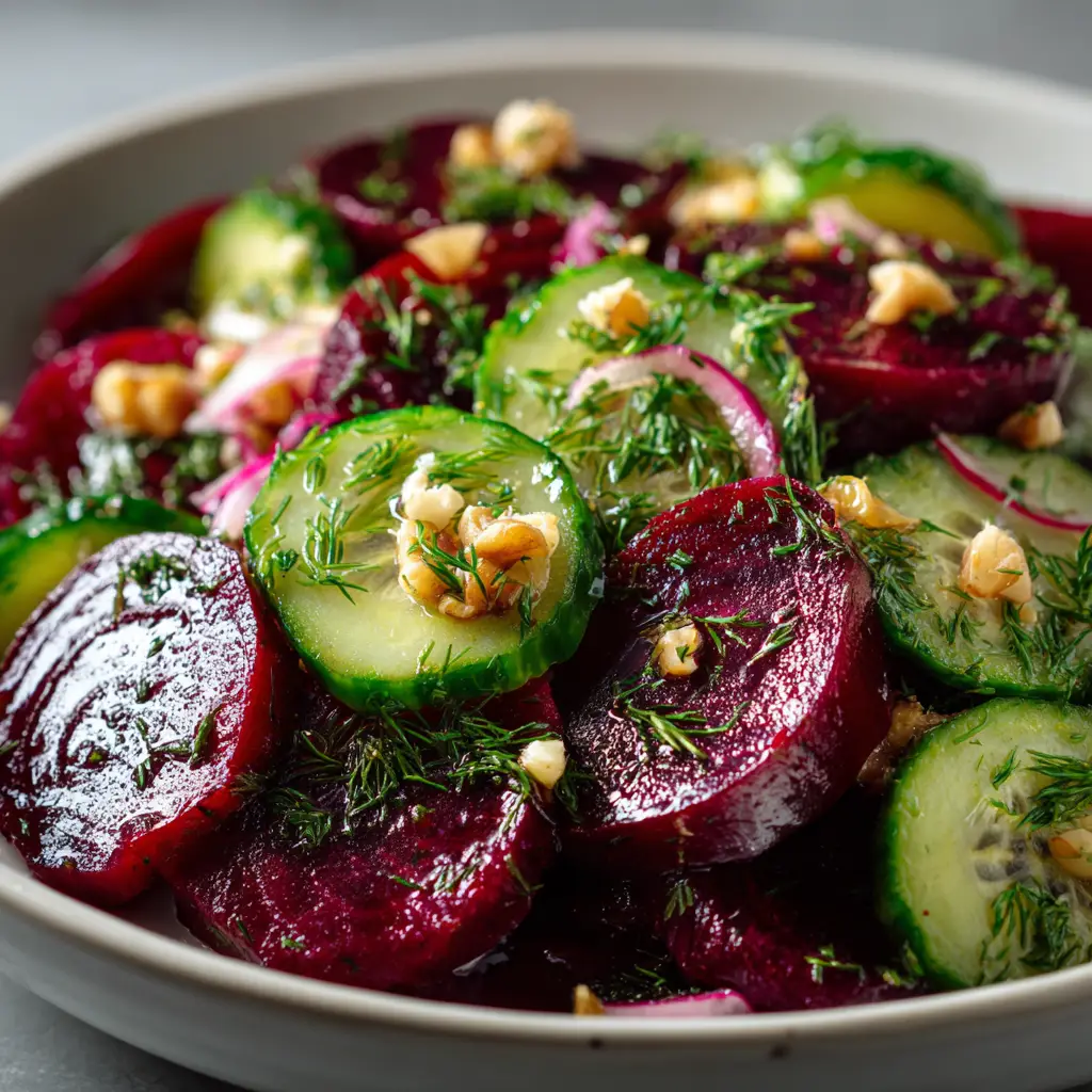 Beet and Cucumber Salad (The Most Refreshing Recipe) 2 A close-up view of the healthy beet salad, showing the texture of the diced beets, cucumbers, and crumbled feta.