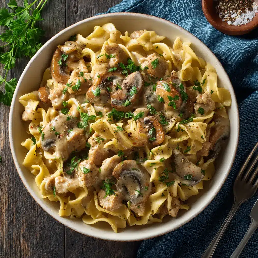 Ground Turkey Stroganoff (The Ultimate Creamy Recipe!) 2 A spoonful of healthy ground turkey stroganoff being lifted from a bowl, showing the rich and creamy mushroom sauce.