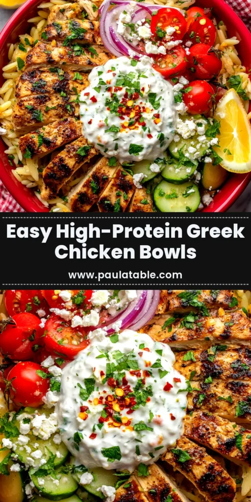 An overhead shot of two High Protein Greek Chicken Bowls ready for meal prep, with containers showing juicy chicken, quinoa, and fresh vegetables.