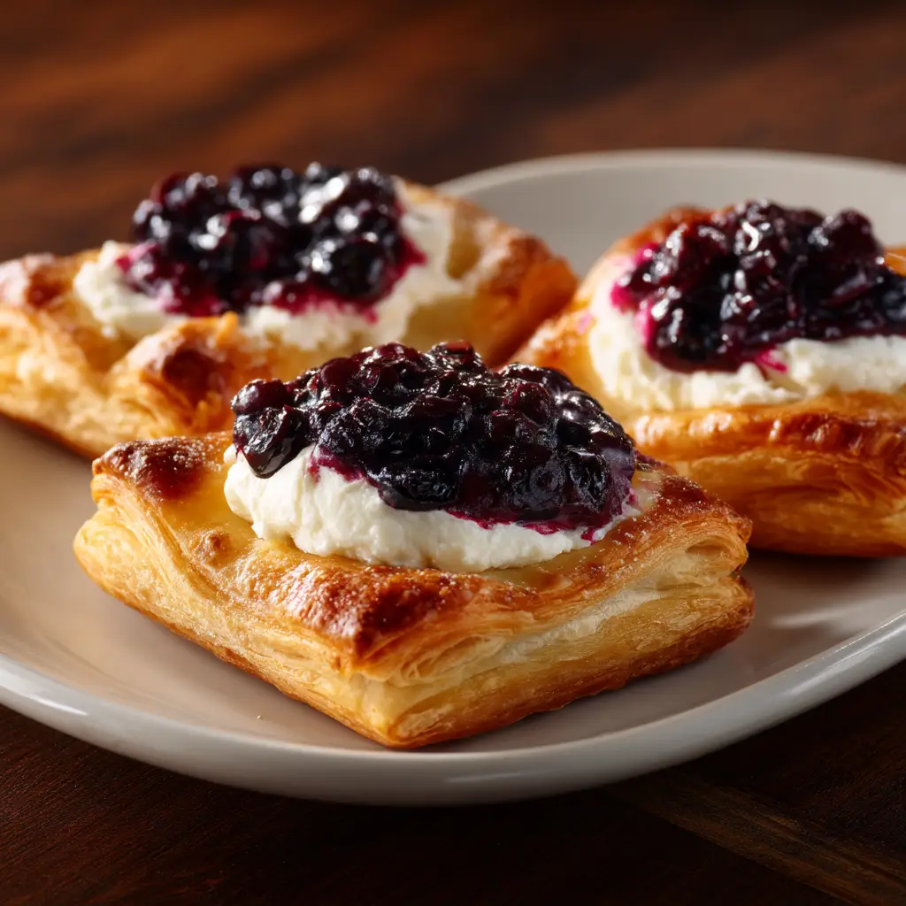 Three golden-brown blueberry cheese pastries arranged on a rustic wooden board. The flaky layers of the puff pastry are visible.