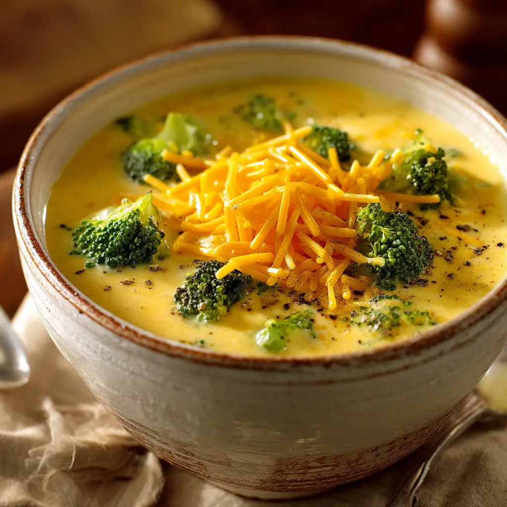 A rustic white bowl filled with homemade broccoli cheese soup, ready to be served.