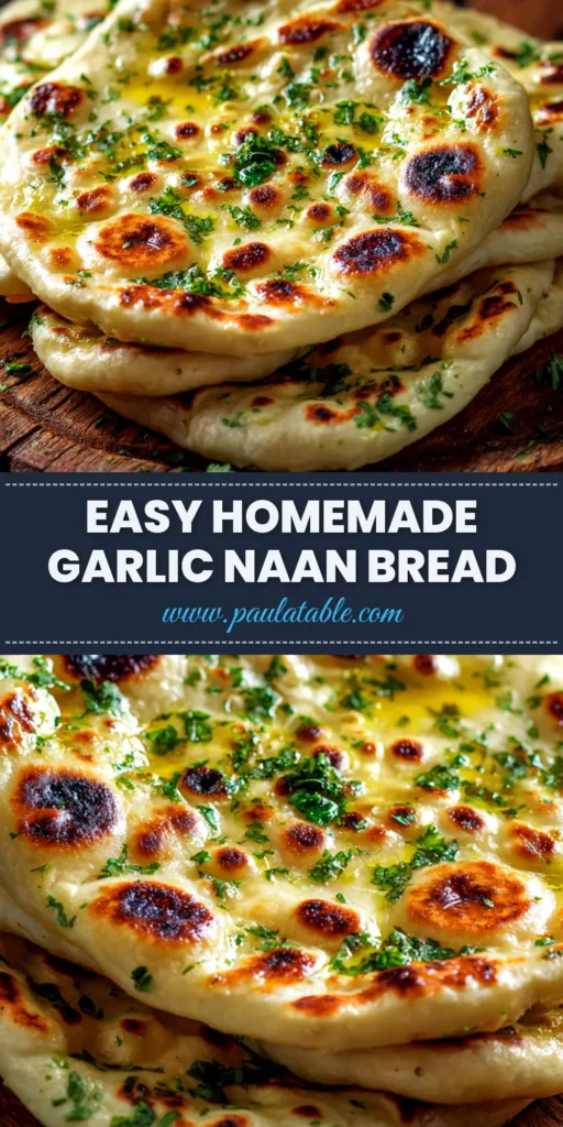A stack of freshly made, soft and fluffy Garlic Naan Bread, brushed with melted garlic butter and garnished with fresh cilantro.