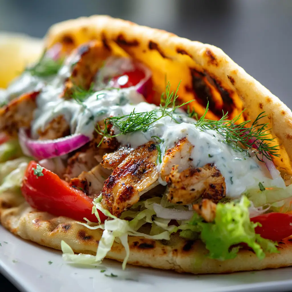 A fully assembled Greek chicken gyro held in hand, showing layers of chicken, fresh tomato, onion, and tzatziki sauce in a warm pita.