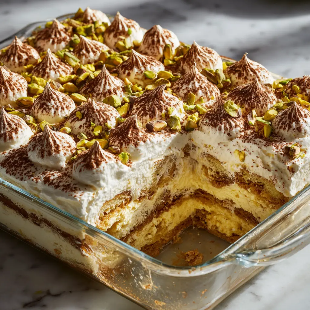 Pistachio Tiramisu: A Creamy, No-Bake Italian Dream 2 A close-up photorealistic shot of a large, fluffy pistachio tiramisu in a glass baking dish, showing the distinct layers of cream and ladyfingers.